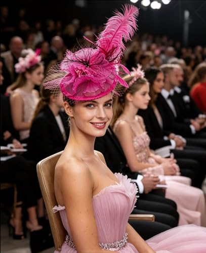 SAFERIN Fascinator for Women Hair Clip Hat Bowler Feather Flower Veil Wedding Party Hat Tea Hat - color: Sz7-rose Pink