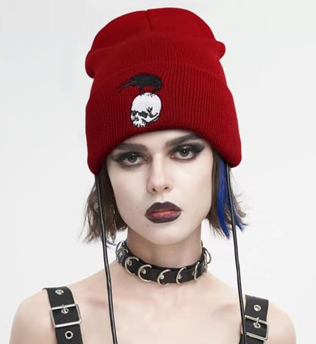 Gothic Skull Beanie Hats for Men Women, Skeleton Cuffed Winter Hat for Goth Gifts, Indoor and Outdoor Outfit Matching - color: 03.red/Crow
