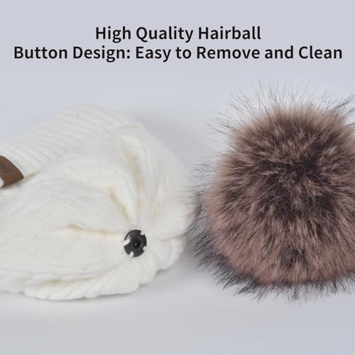 Winter Hat Scarf Gloves Set for Women, Classic Cable Beanie with Removable Pom Pom Long Scarf Touchscreen Gloves 3 in 1 Set - color: White