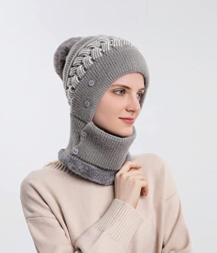 HUAMULAN Women Winter Knit Balaclava Fleece Lined Hooded Beanie Hats - color: Grey, size: One Size