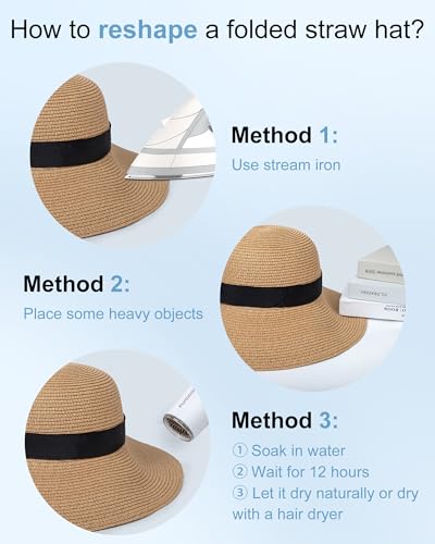 Sun Straw Hats for Women, Wide Brim Summer Beach Hat - color: Khaki, size: X-Large