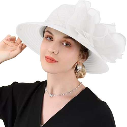 DRESHOW Lady Derby Dress Church Bowler Cloche Hat Bowknot Organza Bridal Cap for Wedding - color: 1 Pc: White a