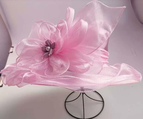 Organza Fascinator Hat - Women’s Wide Brim Church Bridal Tea Party Wedding Hat - color: 02a-lightpink