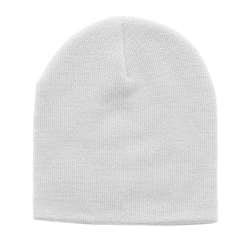 1 Pack White Cuffless Knit Beanie Hat, Fine Gauge Acrylic Cap, Stretch Fit
