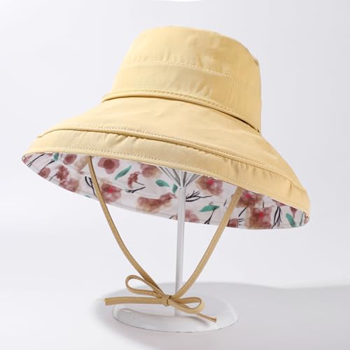 HUAMULAN Women Wide Brim Reversible Sun Hat Summer Beach Fishing Bucket - color: Yellow Floral