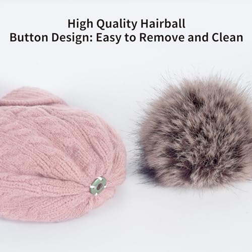 Winter Hat Scarf Gloves Set for Women, Classic Cable Beanie with Removable Pom Pom Long Scarf Touchscreen Gloves 3 in 1 Set - color: Pink