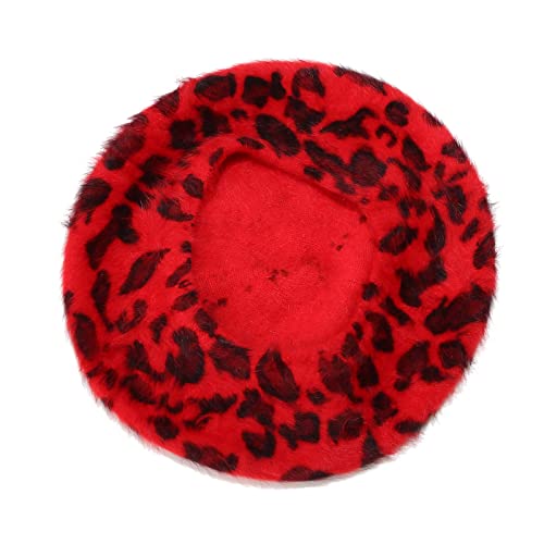 Fluffy Leopard Print Beret Hat Trendy Cheetah Pattern French Hats Winter Warm Artist Caps for Women Lady - color: Red