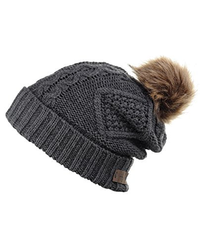 Women's Winter Fleece Lined Cable Knitted Pom Pom Beanie Hat - color: Charcoal