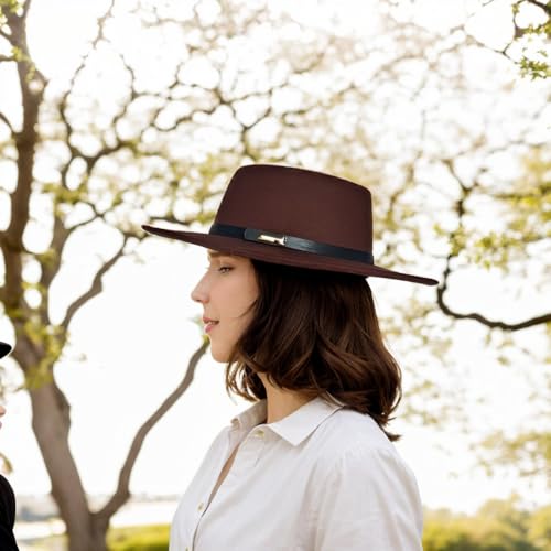 Fedora Hat for Men and Women, Wide Brim Flat Top Cap - color: Khaki