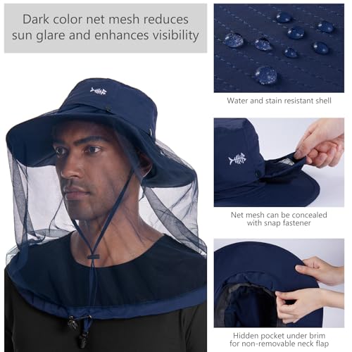 BASSDASH UPF 50+ Mosquito Sun Hat with Hidden Head Net and Neck Flap for Men Women Outdoor Fishing Hiking Camping - color: Navy Blue