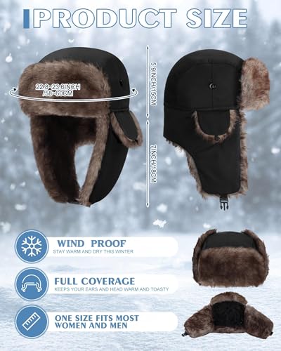 Chicingyou Trapper Hat for Man Women Warm Windproof Waterproof Russian Ushanka Hat Faux Fur Snow Ski Cap with Ear Flap - color: Black, Brown