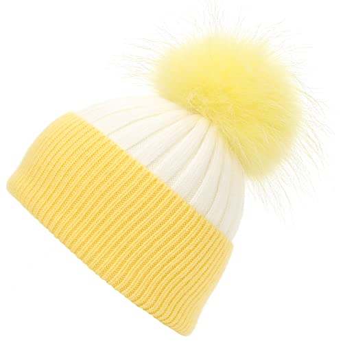Women's Winter Ribbed Cuffed Beanie Skull Cap with Genuine Raccoon Fur Pom - color: White Yellow