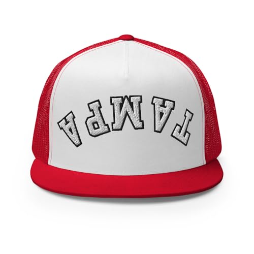 NX Upside Down Tampa Embroidered Flat Bill Trucker Hat High Crown Snapback Cap - color: Red/ White/ Red