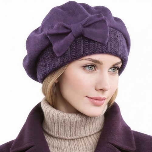 Women Knit 100% Wool Beret Artist Winter French Beret Hats - color: Purple