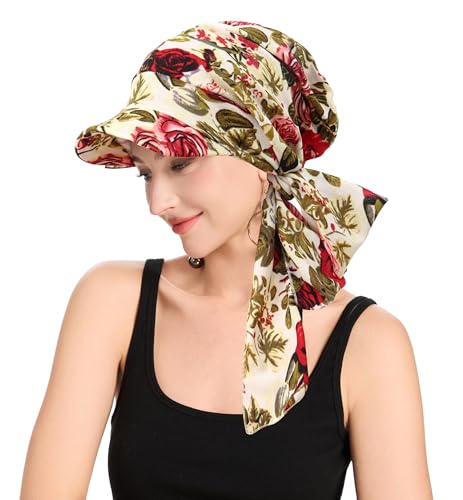 ZLYC Chemo Headwear for Women Brim Visor Head Scarf Pre Tied Headwraps Lightweight Skull Cap - color: Bound Rose Bige