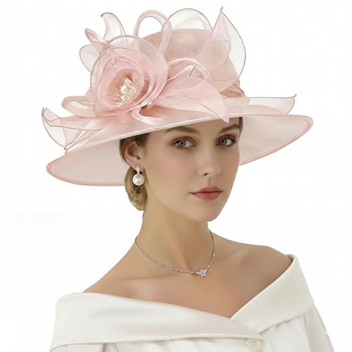 AQOKKA Women Organza Church Fascinators Kentucky Derby Hats for Women and Girls Wedding Flower Tea Party Hat with Wide Brim - color: Organza Rose : Flesh Pink