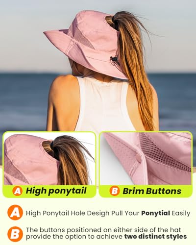 EW EastWater Beach Sun Bucket Hats for Women,UV Protection High Ponytail Hole UPF 50+ Waterproof for Hiking Safari Fishing - color: Pink