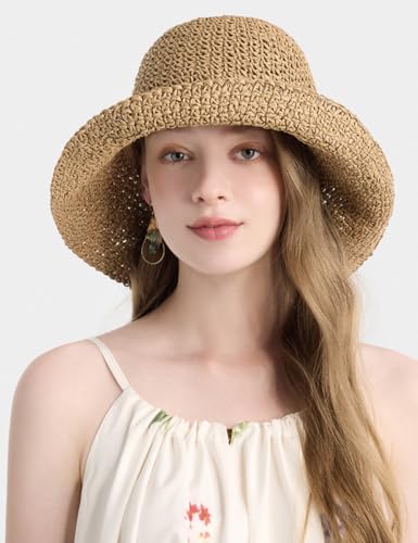 KORADI Womens Sun Hats Straw Hat Summer Beach Hats Foldable Floppy Cap Wide Brim Woven Bucket Hat - color: Khaki-3.1"