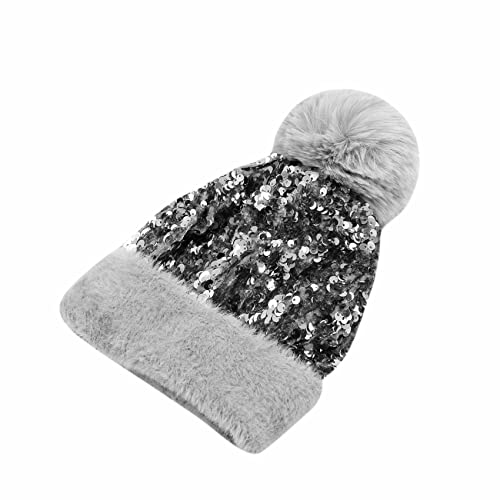 Women Sparkly Sequins Knitted Beanie Hat Warm Winter Skull Cap with Faux Fur Pom Pom - color: Gray