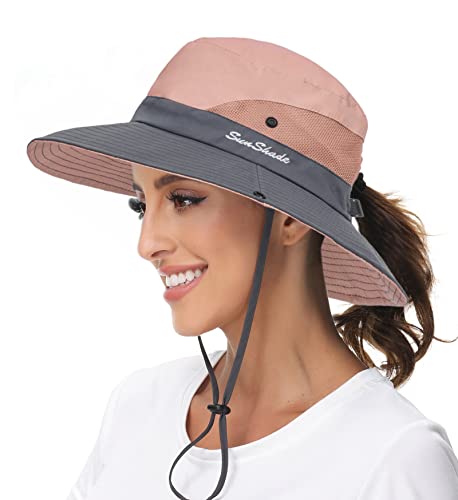 Sun Hat for Women Summer UV Protection Beach Hat with Ponytail Hole - color: Blue+pink(with Ponytail Hole)