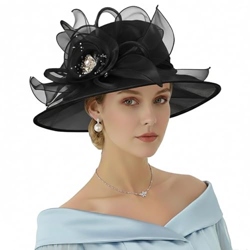 DRESHOW Women Organza Hat Church Cap Hats Clearance Kentucky Derby Cocktail Tea Party Wedding Flower Hat with Wide Brim - color: Flower Hat: Black