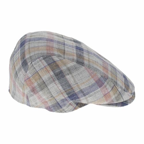 Hats in the Belfry Italia Men's Flat Cap, 100% Linen, Blue Brown Cream Plaid, Made in Italy, Newsboy Style, Casual Wear - color: Pink Plaid, size: Medium