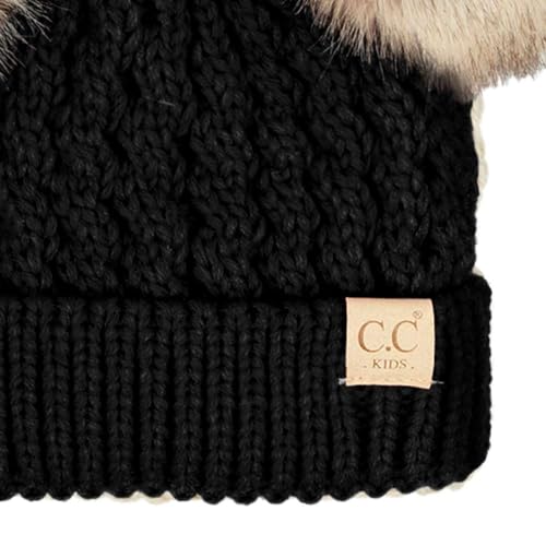 C.C Kids' Cable Knit Double Pom Beanie for Kids - Comfortable Soft Warm Children Skully Hat with Pom - color: Natural Faux Fur Pom Black