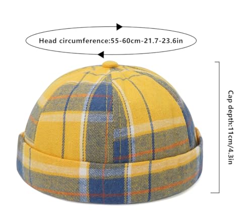 DIYDECAL Striped Plaid Brimless Worker Cap,Retro Skullcap Docker Hat for Men Womens - color: Yellow