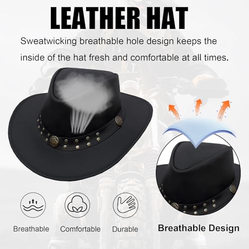 GARGOYLE BELLS Genuine Leather Cowboy Western Hat for Men Woman Studded Steampunk Hat Deadman Top Hat for Halloween Costume - color: Black, size: Large