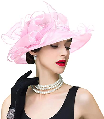 Women's Kentucky Derby Church Dress Hat Wide Brim Leaf Flower Bridal Shower Hat - color: S6-pink