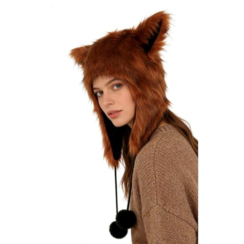 PURFUN Fuzzy Faux Fur Full Hood Trapper Hats with Animal Ear, Adults Halloween Cosplay Roleplay Cat Wolf Ear Hooded Hats - color: Red Brown