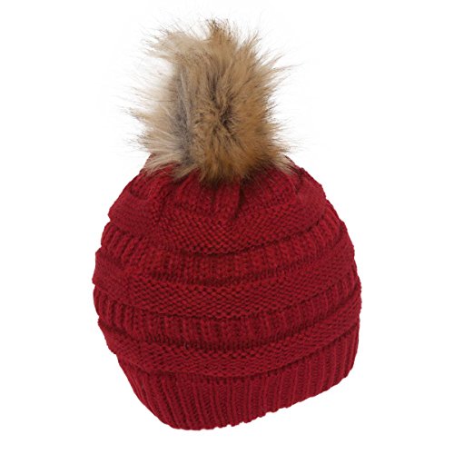 Gravity Threads Cable Knit Faux Fur Pom Pom Beanie Hat - color: Red