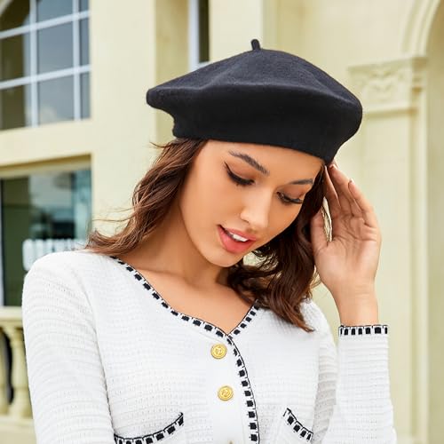 Wheebo Wool Beret Hat,Solid Color French Style Winter Warm Cap for Women Girls Lady - color: Black