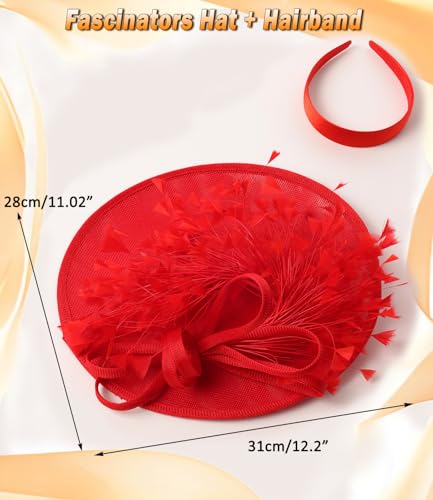 Unpifolov Fascinators Hats Elegant Women Flower Mesh Feathers Wedding Cocktail Bride Headband for Derby Hat Tea Party - color: Red