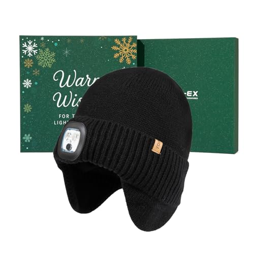 TOP-EX DryKnit™ Waterproof 50% Merino Wool LED Beanie Hat with Ear Flaps - color: Black+gift Box, size: Medium-Large