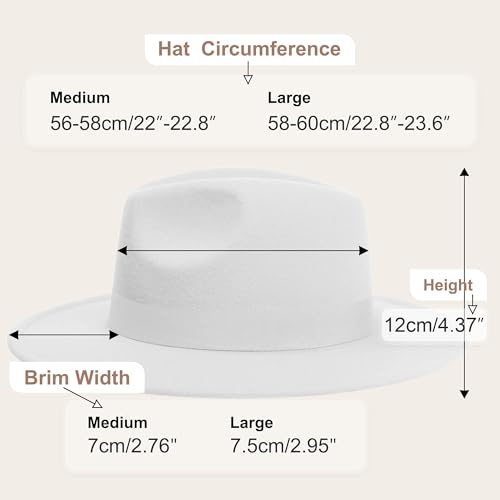 KUJUHA Fedora Hats for Mens/Womens Felt FedoraHats Two Tone Wide Brim Fedora Hats Rancher Hat - color: White, size: Large-X-Large