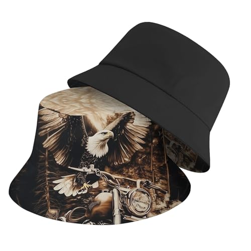Amasnay Funny Bucket Hat Cotton Double-Side-Wear Reversible Sun Hat for Women Men, Summer Vacation Travel Beach Fisherman Hat - color: Motorcycle Eagle