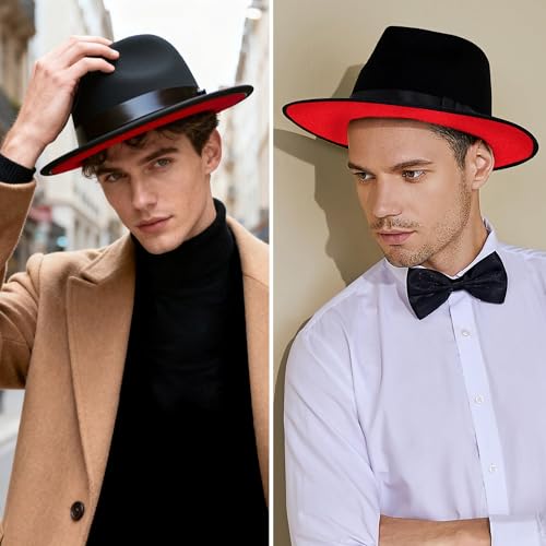 BABEYOND 1920s Fedora Hat for Men Gatsby Wide Brim Hat Felt Panama Cap - color: Black Red