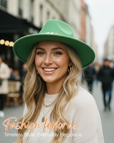 Men & Women Wide Brim Fedora Hat with Chain Buckle - color: Chain Belt-forest-green