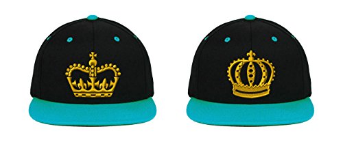 King & Queen Crowns, Perfect Couple, Fine Finished Embroidery (2 Snapback Hats) - color: Black-teal Brim