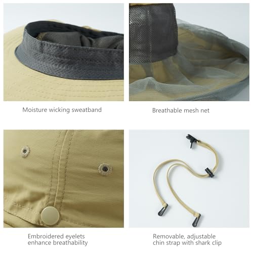 BASSDASH UPF 50+ Mosquito Sun Hat with Hidden Head Net and Neck Flap for Men Women Outdoor Fishing Hiking Camping - color: Khaki