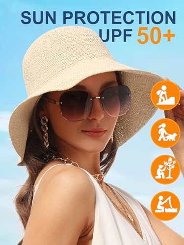 Womens Sun Hat Handmade Foldable Straw Bucket Hat Summer Crochet Travel Cap - color: Beige, size: Small