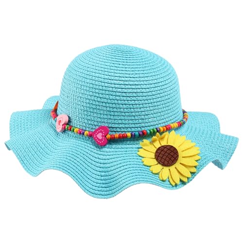 Girls Straw Hat with Flower Round Sunglasses, Summer Foldable Large Brim Sunflower Bowknot Beach Toddler Straw Sun Hat, 2-6T - color: Blue