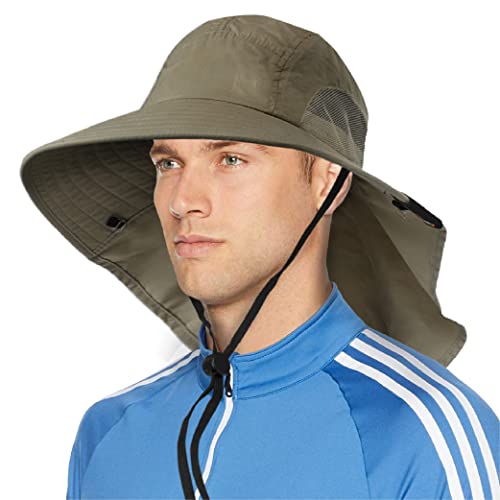 SUN CUBE Wide Brim Sun Hat with Neck Flap for Men Women, UPF50+ Fishing - color: Olive