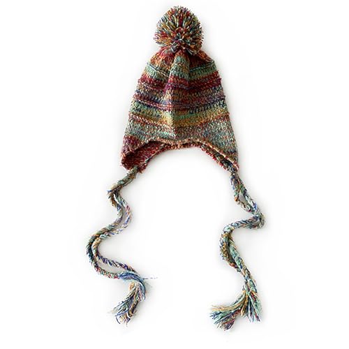 yolrdiw Women's Boho Crochet Colorful Hat Tassel Braid Winter Knit Beanie with Ear Flaps Pom Pom - color: Rose Red Blue