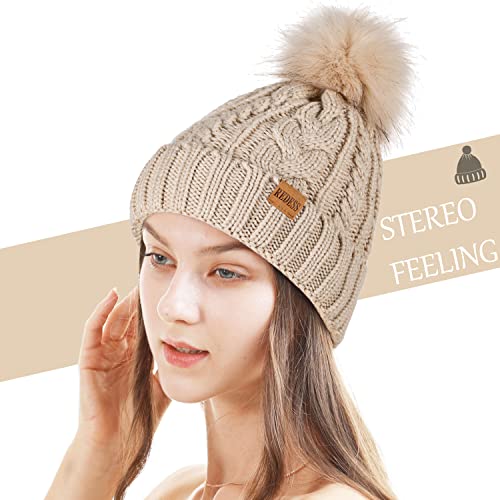 REDESS Women Winter Pompom Beanie Hat with Warm Fleece Lined Thick Slouchy Snow Knit Hat Skull Ski Cap - color: Oatmeal