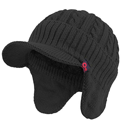 Original One Winter Ear Flap Visor Beanie Lining Hat with Billed Knit Brimmed Cap - color: Black