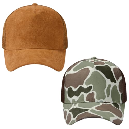 Suede Curved Brim Trucker Cap Adjustable Snapback Hat Mesh Back Breathable for Men Women 2 Pack SH03 - color: Pack of 2, Brown & Color Block Camo