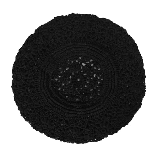 ZLYC Women Cotton Slouchy Crochet Beret Handmade Cutout Floral Beanie Hat - color: Plain Black