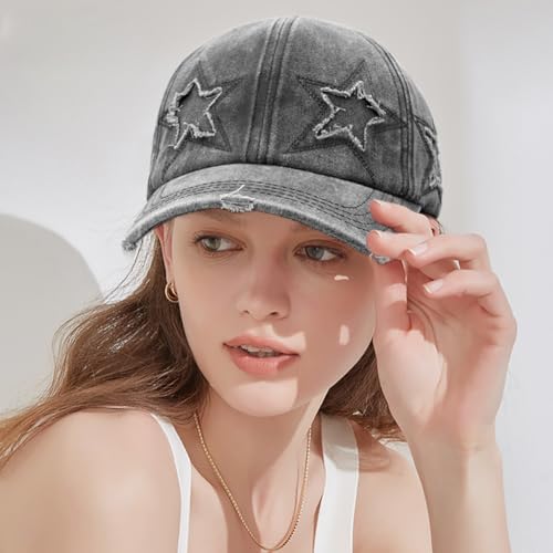 Retro Washed Distressed Baseball Cap with Five Pointed Stars for Women Men - color: Grey